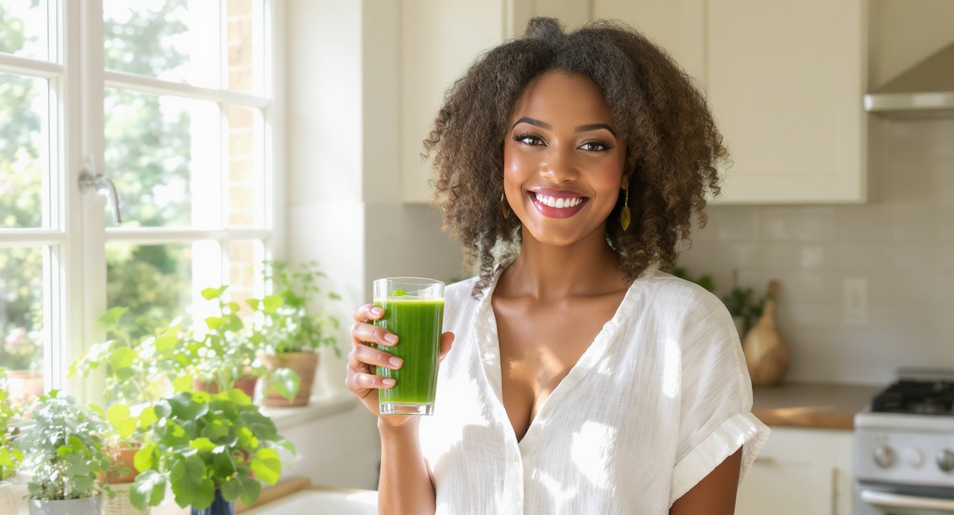 A confident, glowing woman in a clean kitchen holding a smoothie
