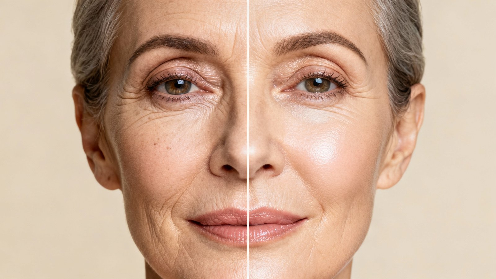 Before and after results of anti-aging treatment with OSEA hyaluronic acid serum on middle-aged woman